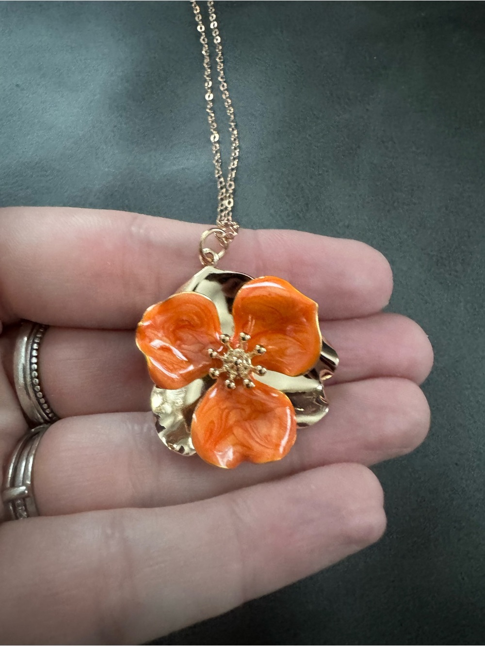 Gold Plated Orange Floral Pendant Necklace - Women Jewelry